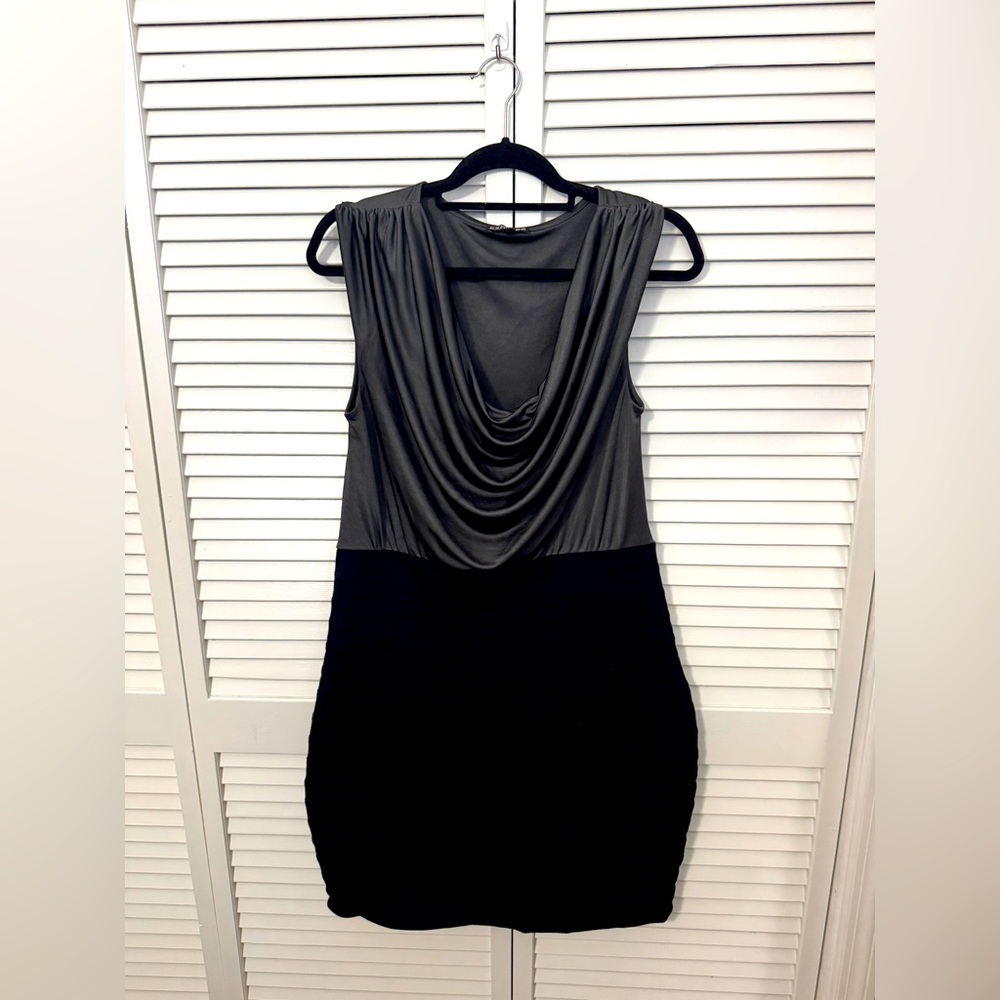 Elegant Black and Gray Draped Dress Size L